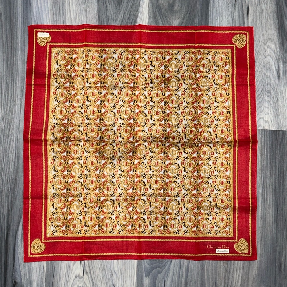 Vintage Christian Dior Red & Gold Cotton Handkerchief - Picture 3 of 11